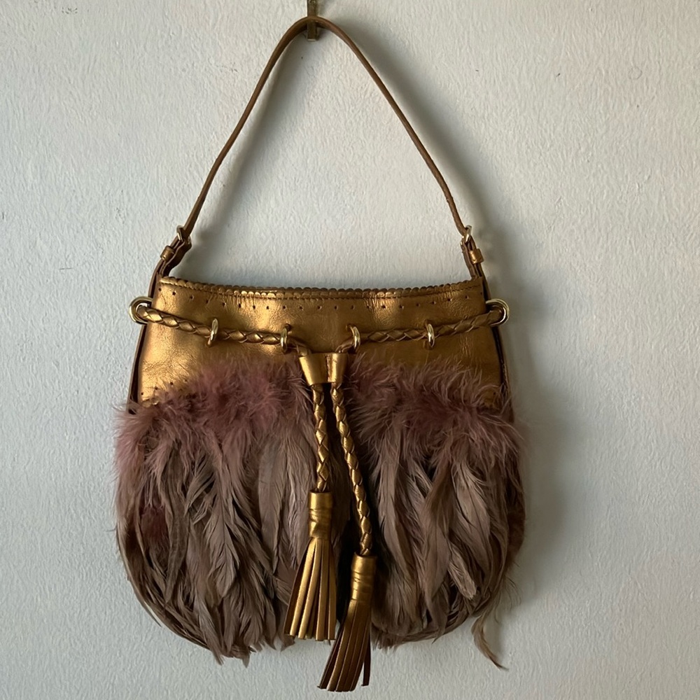DNKY Vintage Gold Leather & Feather Purse